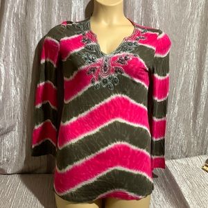 INC International Concepts Top Blouse Pink Brown Gray Beaded Sequin S 100% Rayon